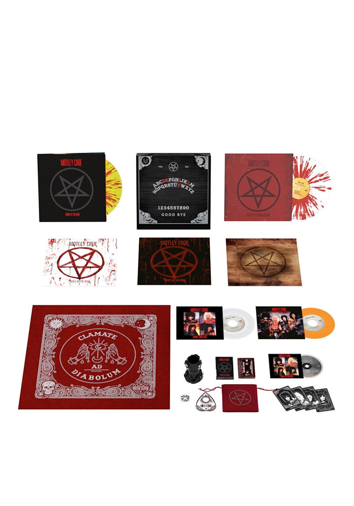 Shout At The Devil 40th Anniversary Box Set contents - Color LPs, 7"s, CD, cassette, art prints, spirit board