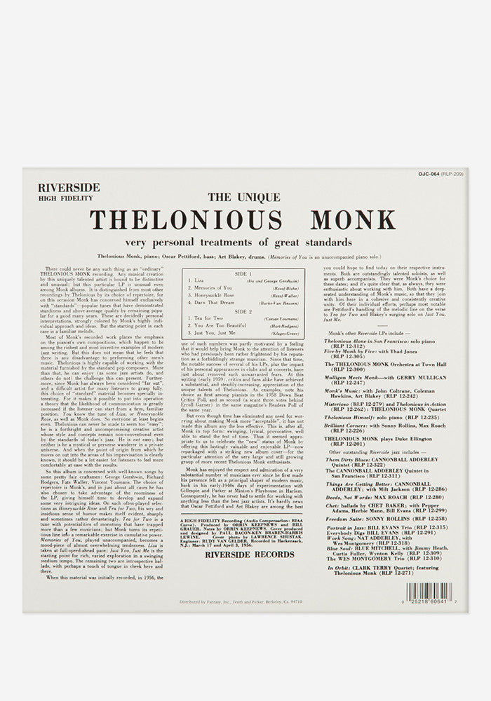 THELONIOUS MONK The Unique Thelonious Monk Exclusive LP